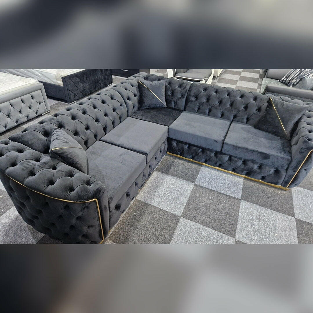 Toronto Black & Gold Chesterfield Corner Sofa L-Shaped Seating