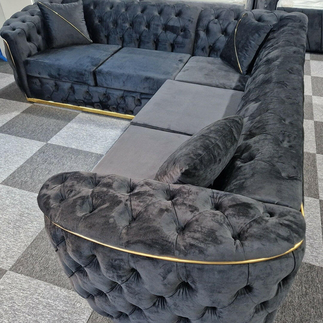 Toronto Black & Gold Chesterfield Corner Sofa L-Shaped Seating