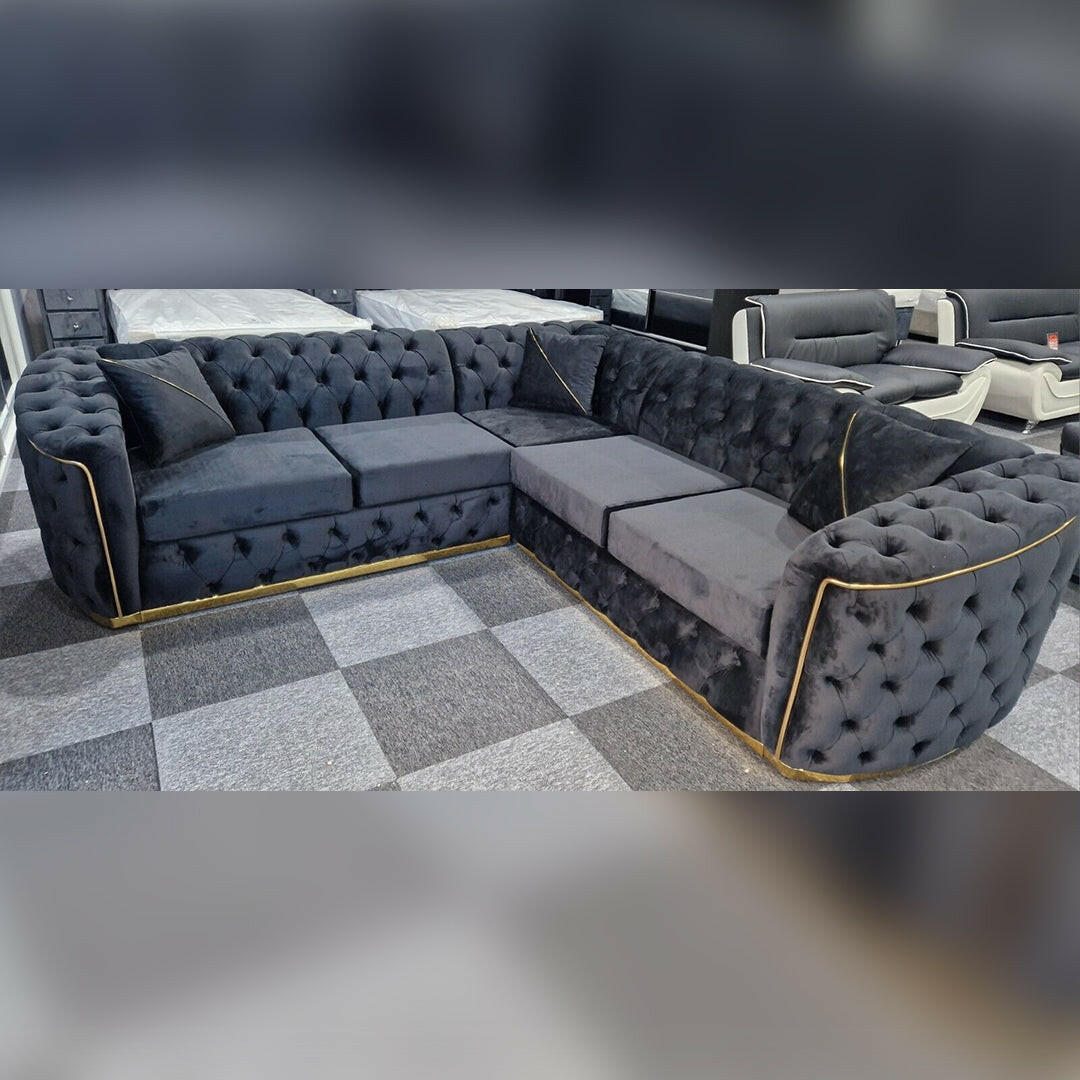Toronto Black & Gold Chesterfield Corner Sofa L-Shaped Seating