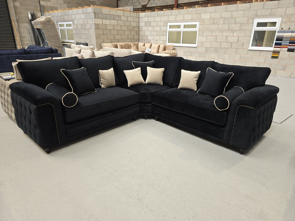 Zara Chesterfield Corner Sofa -  Black Plush Fabric