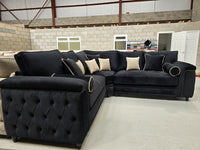 Zara Chesterfield Corner Sofa -  Black Plush Fabric