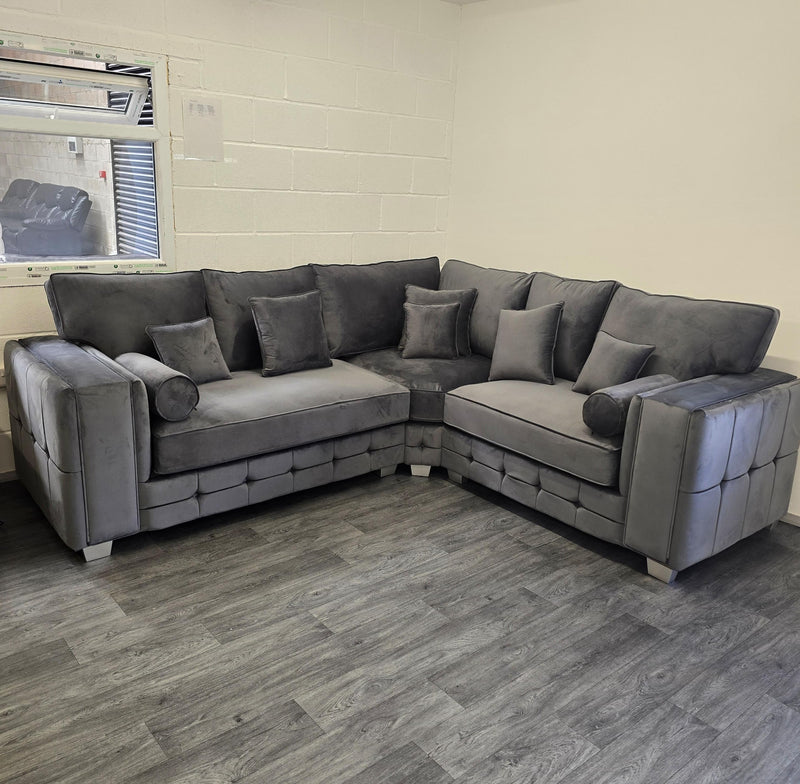 Madrid Corner Sofa – Cubed Design in Steel Plush Velvet