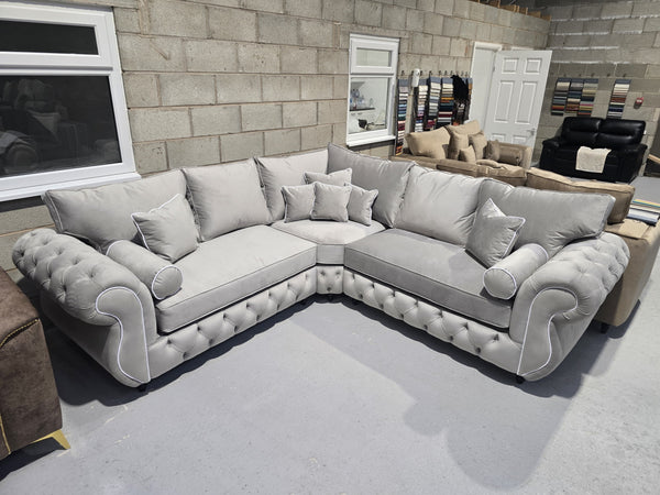 5 Seater Silver Plush Corner Chesterfield Sofa