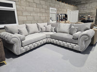 5 Seater Silver Plush Corner Chesterfield Sofa