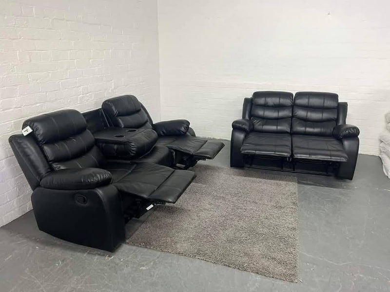 Roma 3+2 Leather Recliner Sofa Set – Black